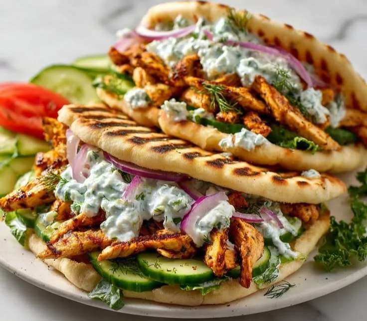 Greek chicken pitas with marinated chicken, fresh veggies, and tahini sauce