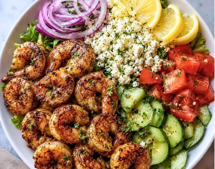 Greek shrimp Mediterranean bowl with fresh vegetables and herbs