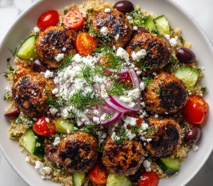 Delicious Greek Turkey Meatball Bowls with fresh ingredients and sauces