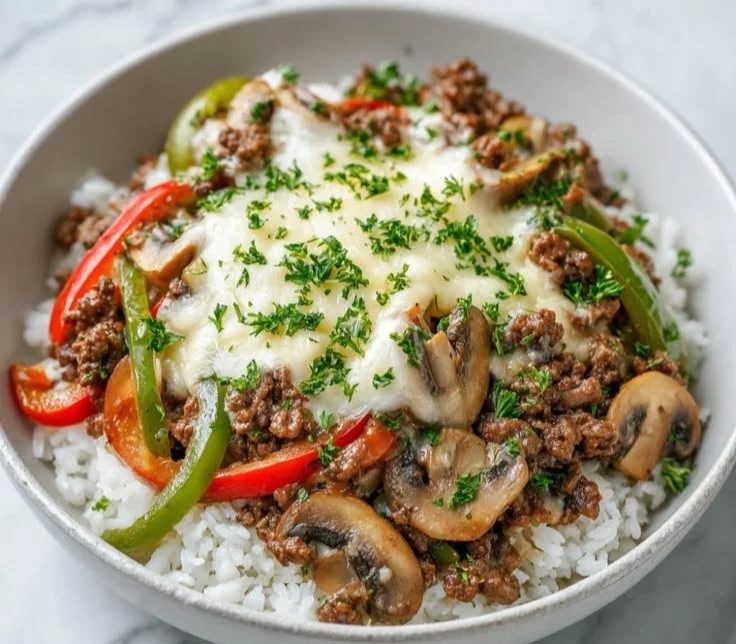 Delicious Ground Beef Philly Cheesesteak served with melted cheese and sautéed peppers