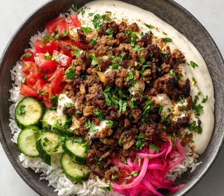 Delicious ground beef shawarma bowls served with fresh toppings and spices.