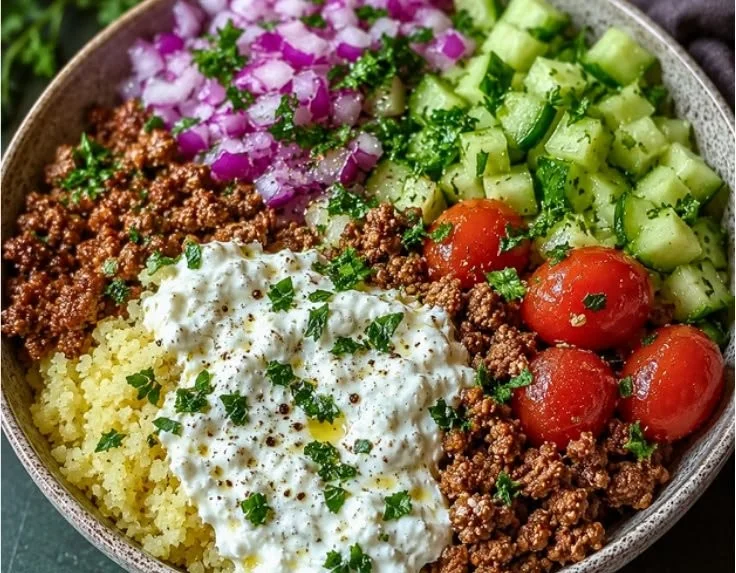 Delicious Ground Turkey Gyro Bowl with fresh veggies and tzatziki sauce