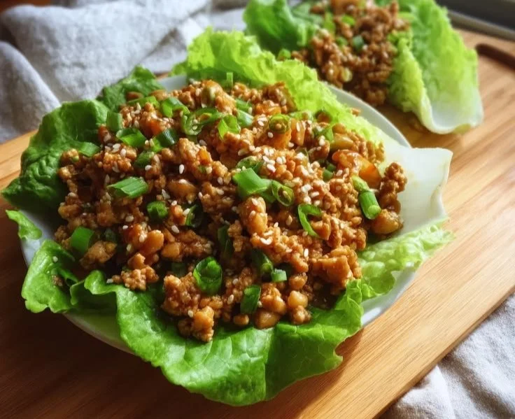 Delicious ground turkey lettuce wraps served on a plate with fresh vegetables.