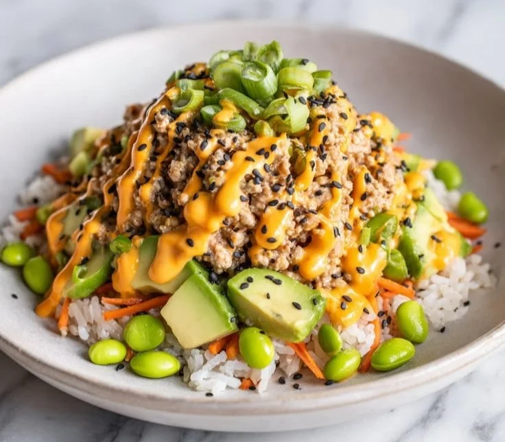 Ground Turkey Rice Bowls with Bang Bang Sauce served in a colorful bowl