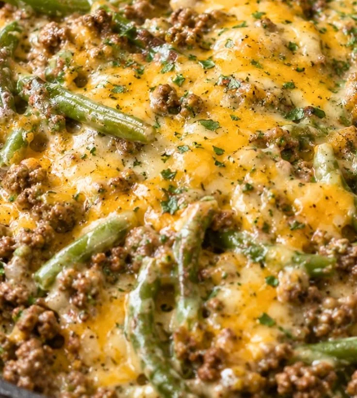 Delicious Hamburger Green Bean Casserole with Mushrooms served in a baking dish