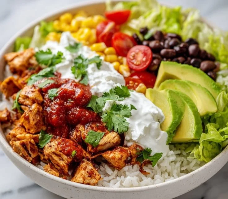 Delicious healthy chicken taco bowls with fresh ingredients and toppings