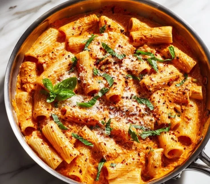 Healthy cottage cheese rigatoni dish topped with fresh herbs and cheese.