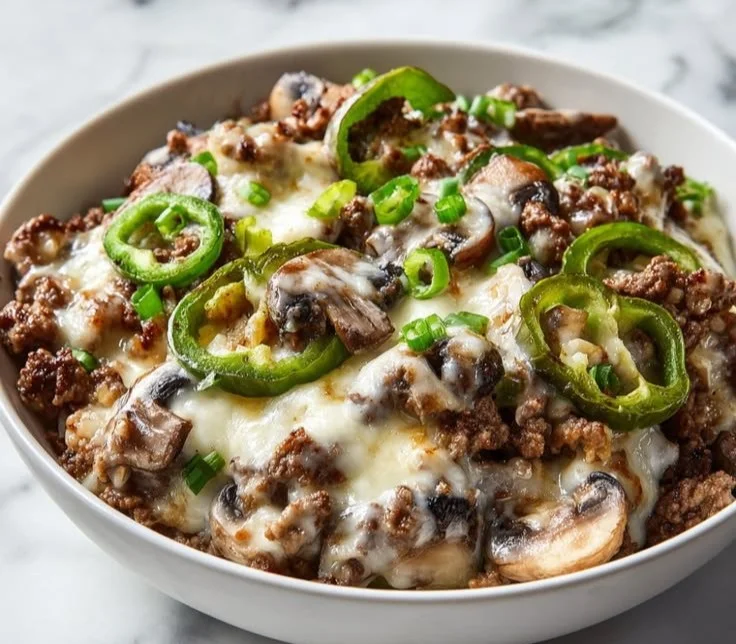 Healthy Philly Cheese Steak Bowl with fresh ingredients and flavors
