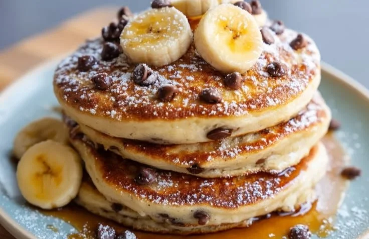 High protein banana pancakes stacked on a plate with fresh banana slices