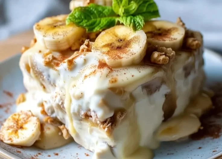 High-protein banana pudding served in a bowl, topped with banana slices.