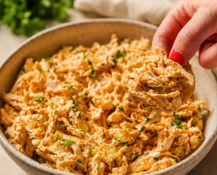 High-protein buffalo chicken salad with fresh ingredients and zesty flavors