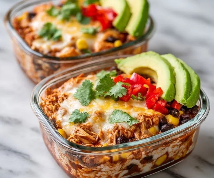High-protein chicken enchilada bowls made with cottage cheese and fresh ingredients.
