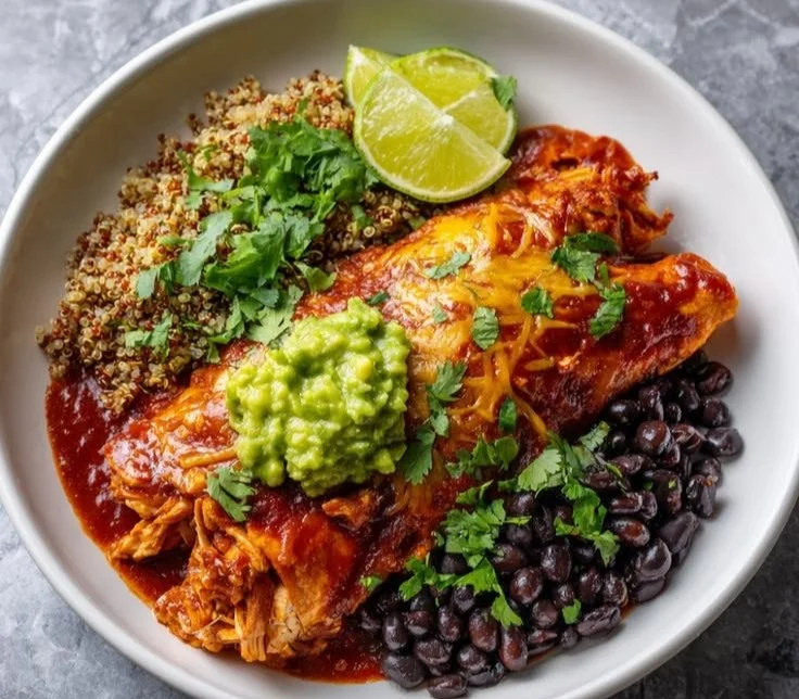 High Protein Chicken Enchilada Bowls with vibrant toppings and fresh ingredients.