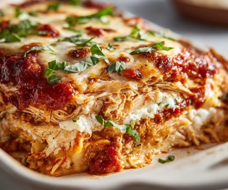 High protein chicken parmesan casserole served in a baking dish with melted cheese.