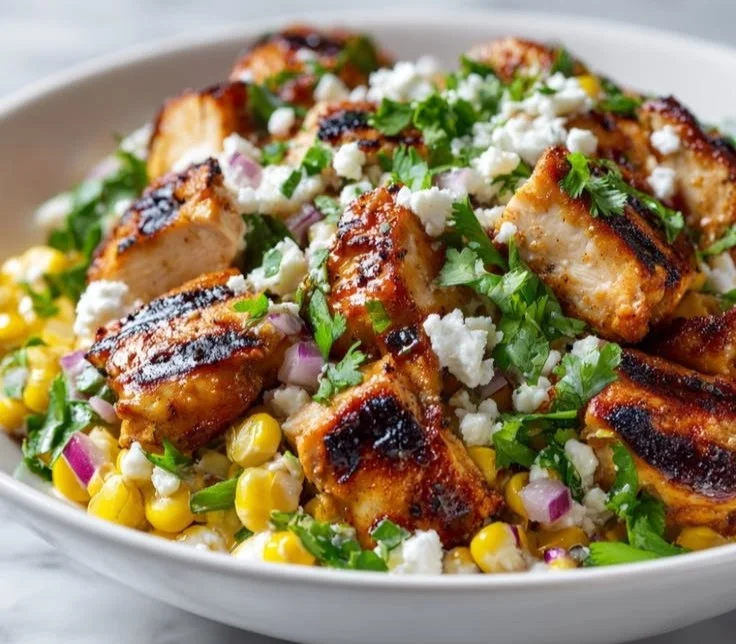 High Protein Chicken Street Corn Salad in a colorful bowl with fresh ingredients