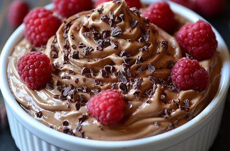 High protein chocolate mousse dessert in a glass with cocoa garnish