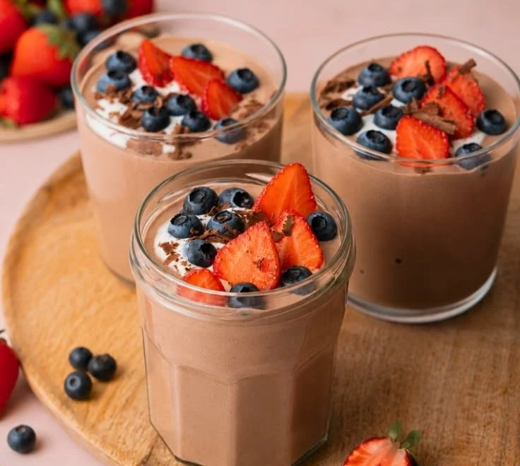 High protein chocolate pudding served in a bowl with chocolate shavings on top