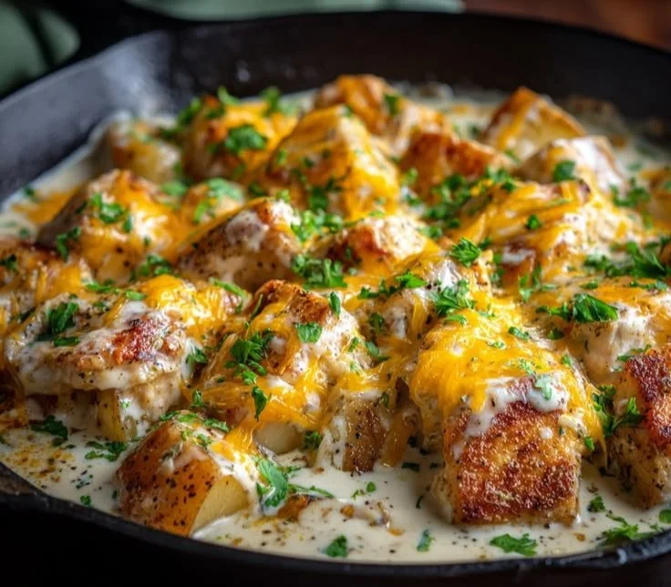 High protein creamy garlic cheesy chicken served with potatoes