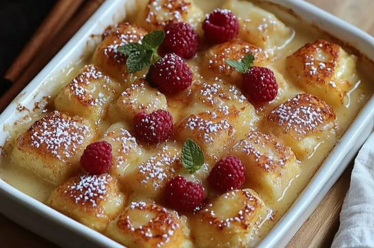 High protein French toast casserole baked with eggs and bread.