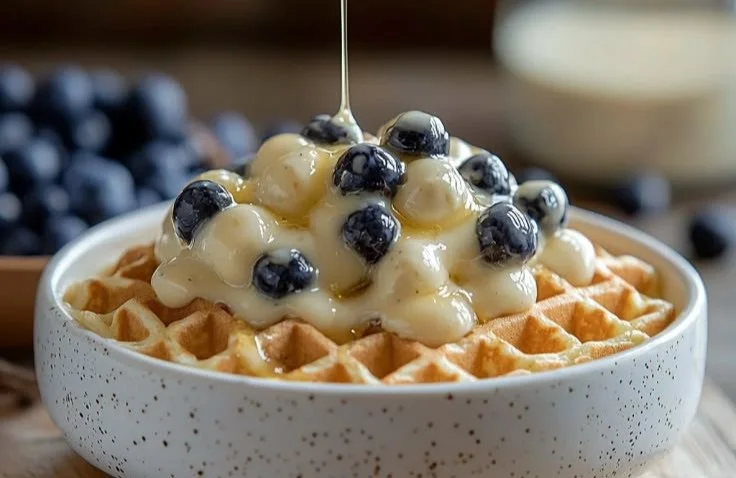 Delicious high protein Greek yogurt waffles served with fresh berries.