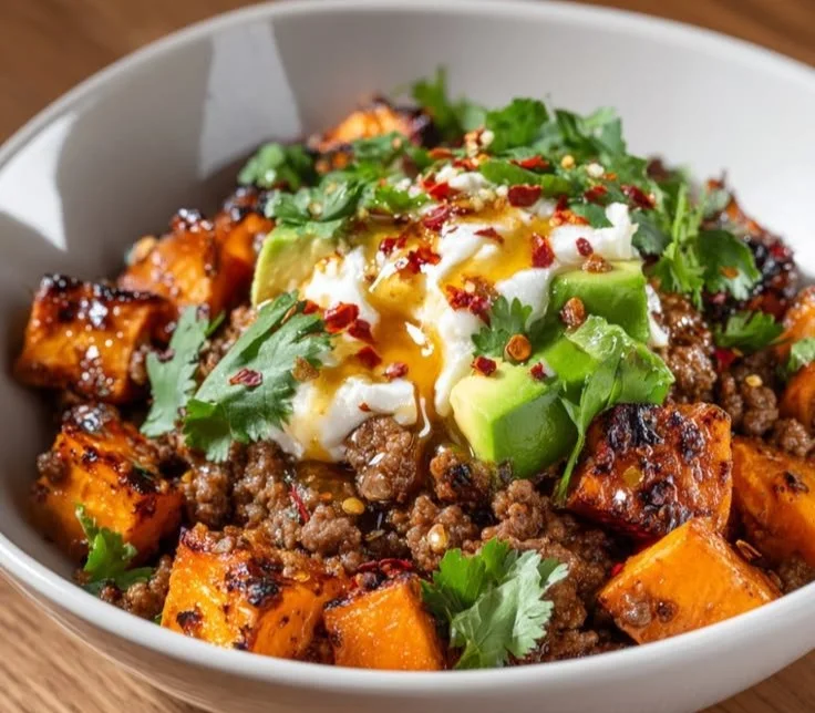High Protein Hot Honey Beef Bowl garnished and ready to serve.