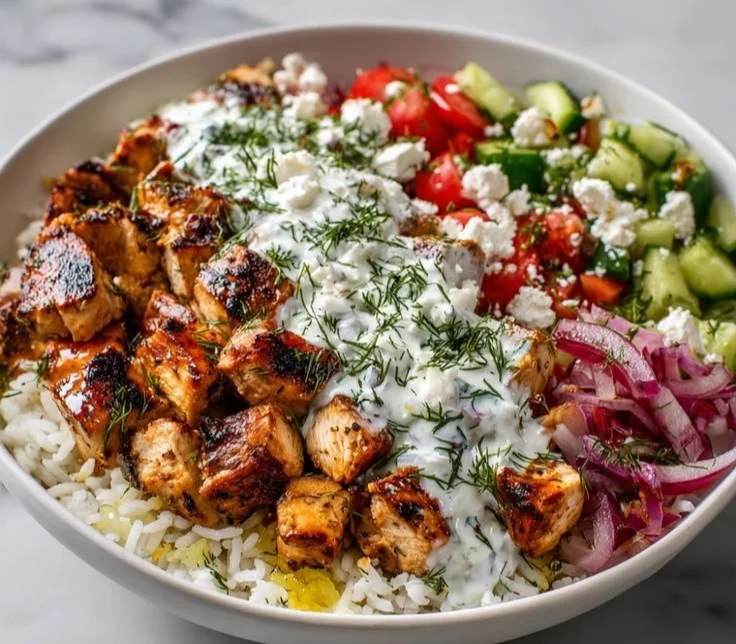 High protein Mediterranean Chicken Bowls with lemon-dill chicken and fresh ingredients.