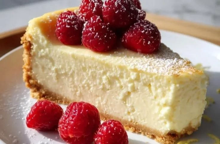 High protein no-bake cheesecake topped with fresh berries and served on a white plate.
