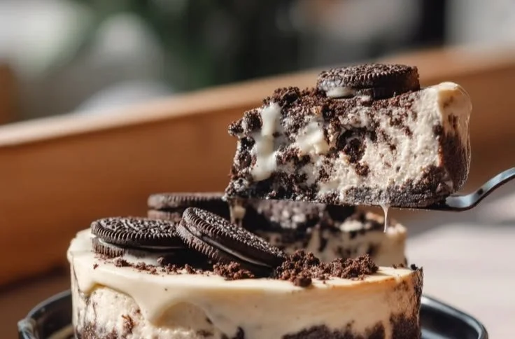 High protein Oreo-style cheesecake with chocolate crust and creamy filling