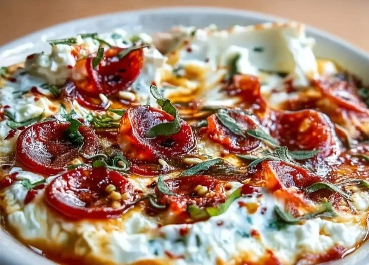 High protein pizza dip served in a bowl with toppings and breadsticks