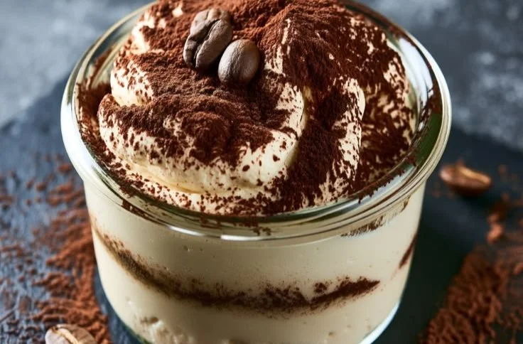 High protein tiramisu dessert with creamy layers and cocoa dusting
