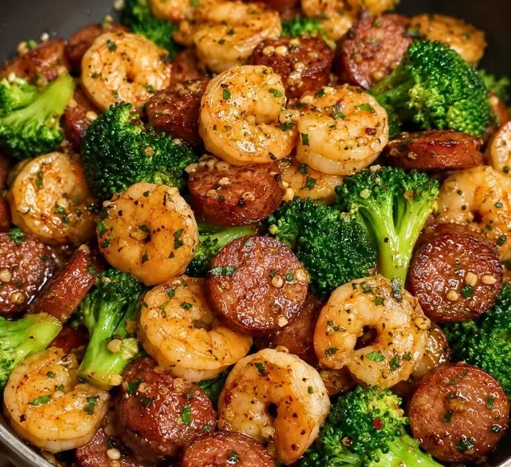 Honey Garlic Shrimp with Chicken Sausage and Broccoli served in a bowl