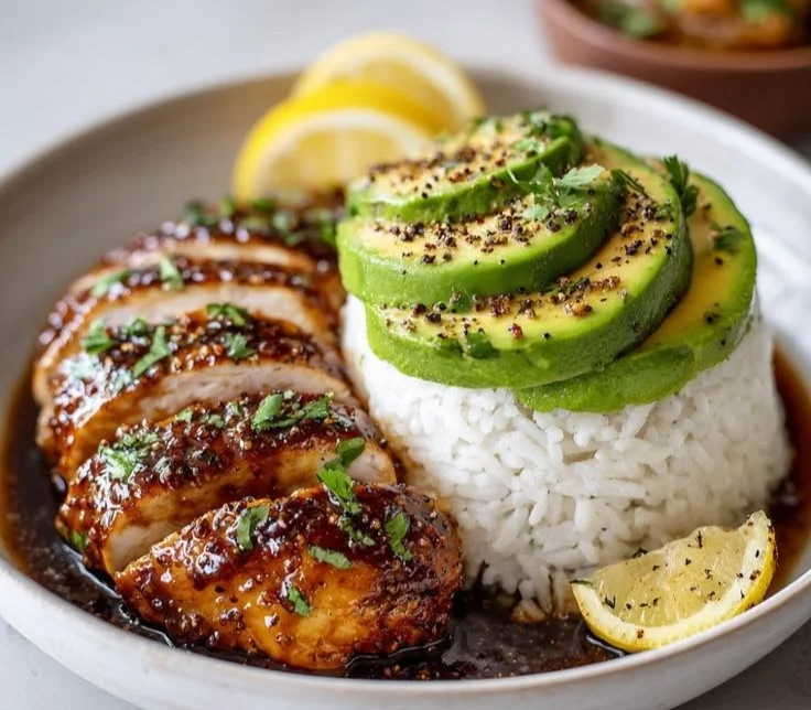 Honey Lime Chicken served with avocado rice, garnished with lime slices.