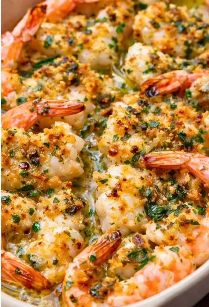 Plate of Italian Shrimp Oreganata garnished with herbs and lemon