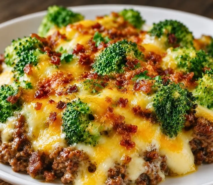 Keto Hamburger Broccoli Skillet served in a bowl with fresh ingredients.