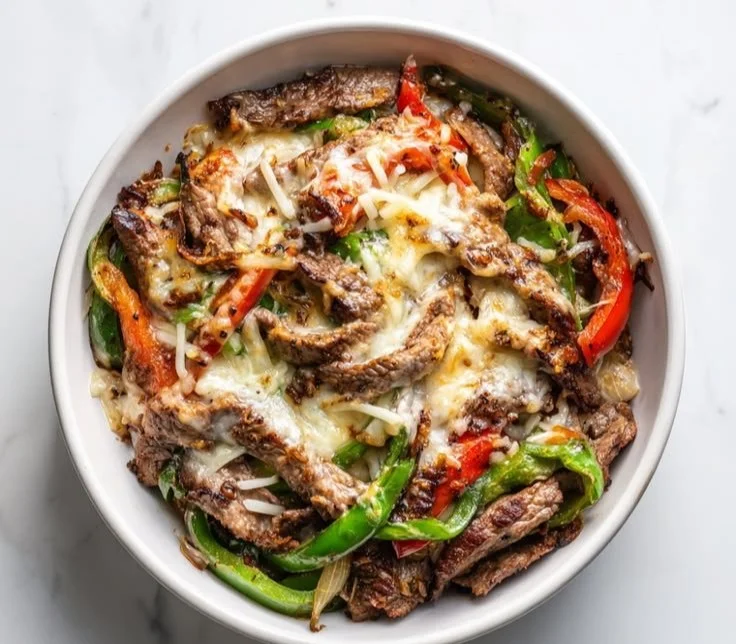 Delicious Keto Philly Cheesesteak Bowl with beef, peppers, and cheese