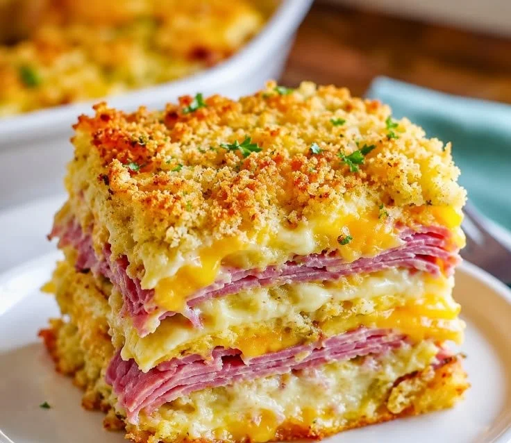 Delicious Keto Reuben Casserole served in a baking dish with toppings.