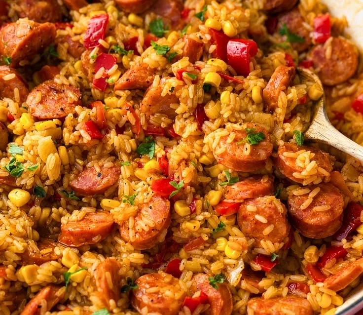 Delicious Kielbasa and Rice Skillet served in a pan with colorful vegetables