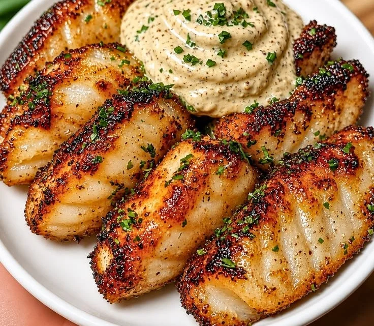 Crispy Lemon Butter Fish Bites served with a zesty dipping sauce