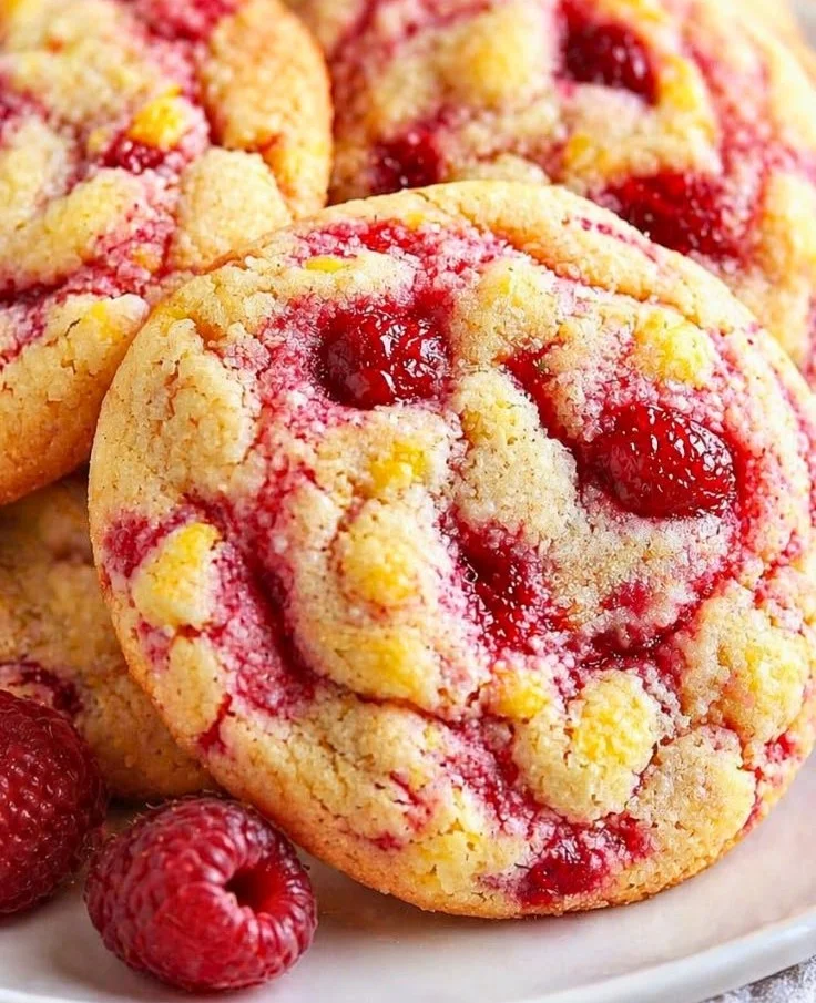 Delicious lemon raspberry cookies topped with fresh berries and lemon zest