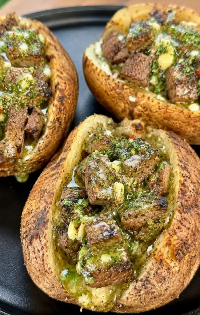 Loaded baked potatoes topped with grilled steak and fresh ingredients.