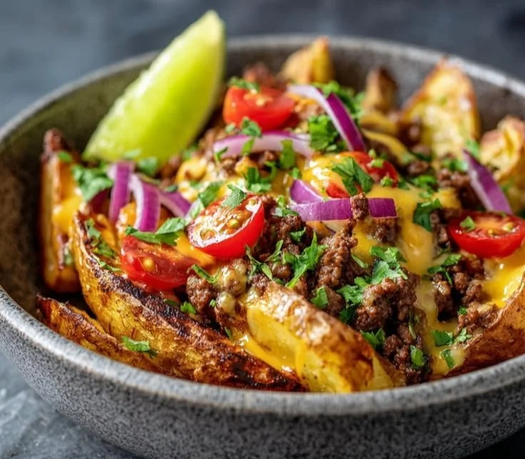 Delicious Loaded Fiesta Potato Bowls filled with toppings and vibrant ingredients.