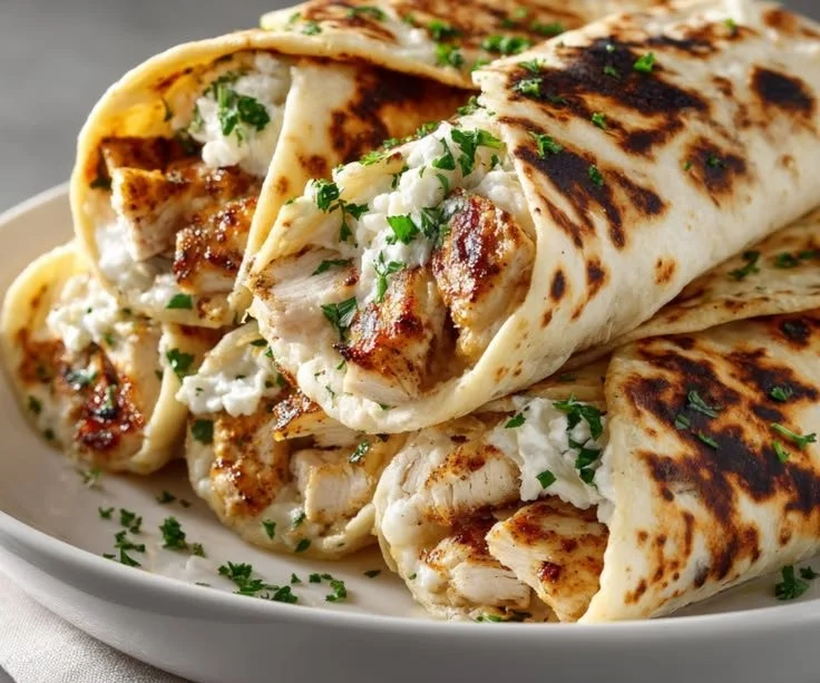 Low carb cheesy garlic chicken wraps served on a plate with fresh herbs.