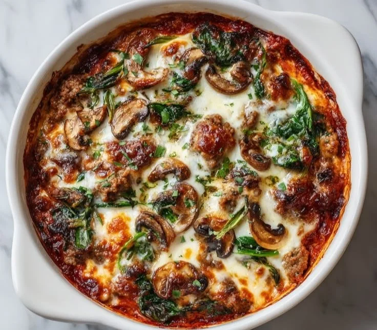 Delicious low carb crustless pizza bowl filled with fresh ingredients