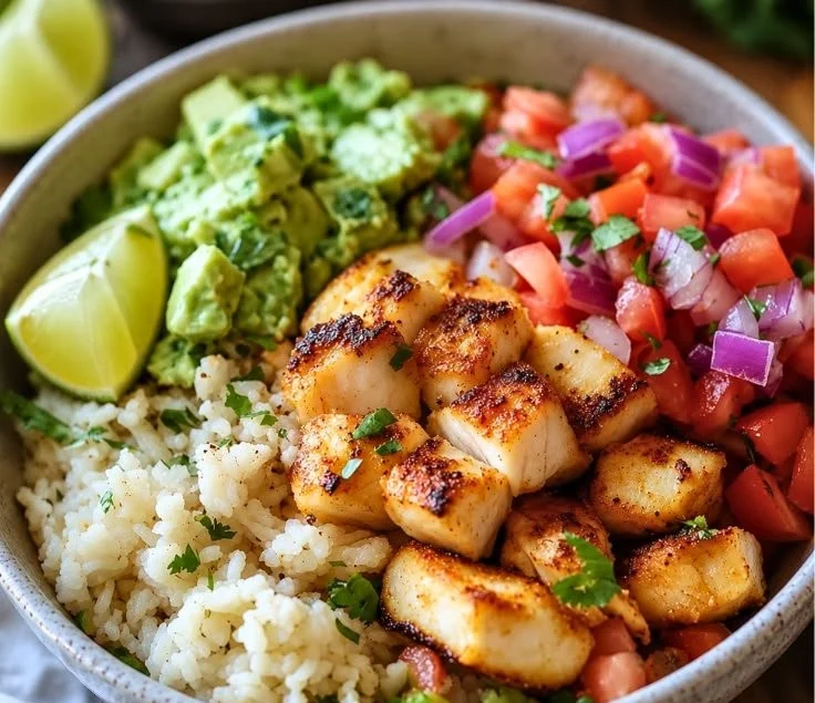 Low-carb fish taco bowls topped with fresh ingredients and vibrant flavors.