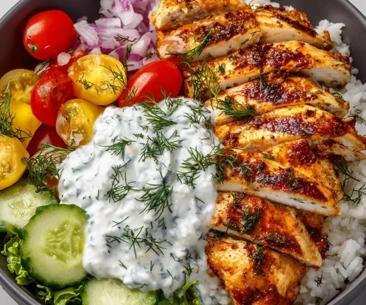 Mediterranean Chicken Tzatziki Bowl with fresh vegetables and tzatziki sauce