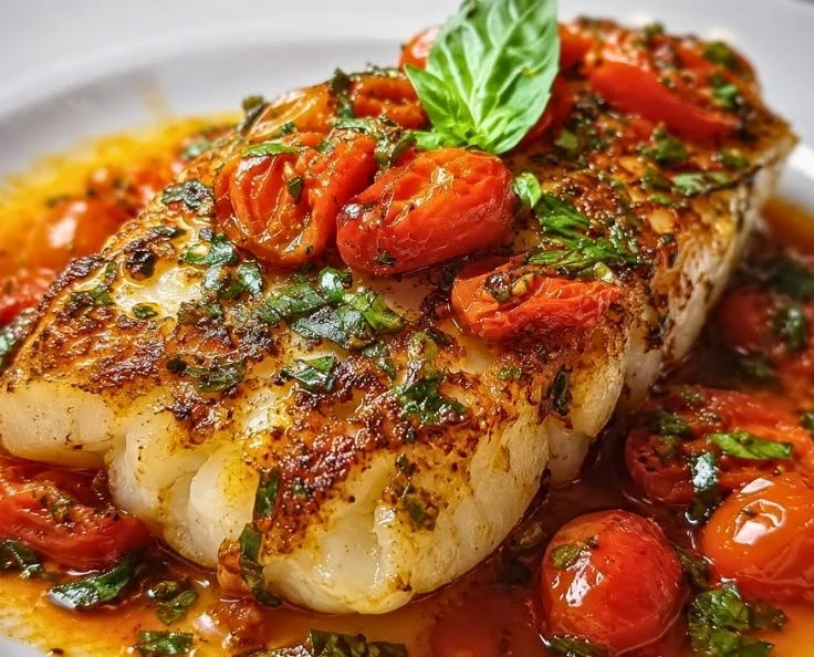 Mediterranean Cod cooked in rich Tomato Basil Sauce served on a plate