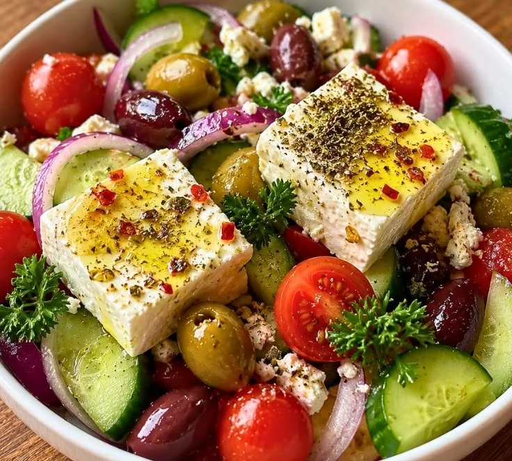 Mediterranean Greek Salad with Feta cheese and olives served in a bowl