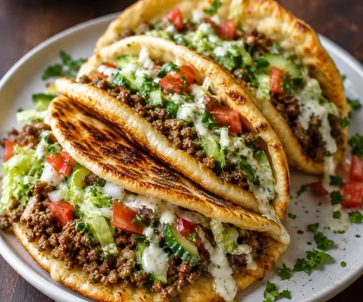 Mediterranean ground beef pitas with fresh vegetables and sauce