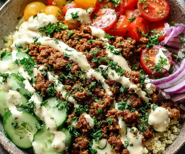 Mediterranean Ground Turkey Bowl with fresh vegetables and herbs