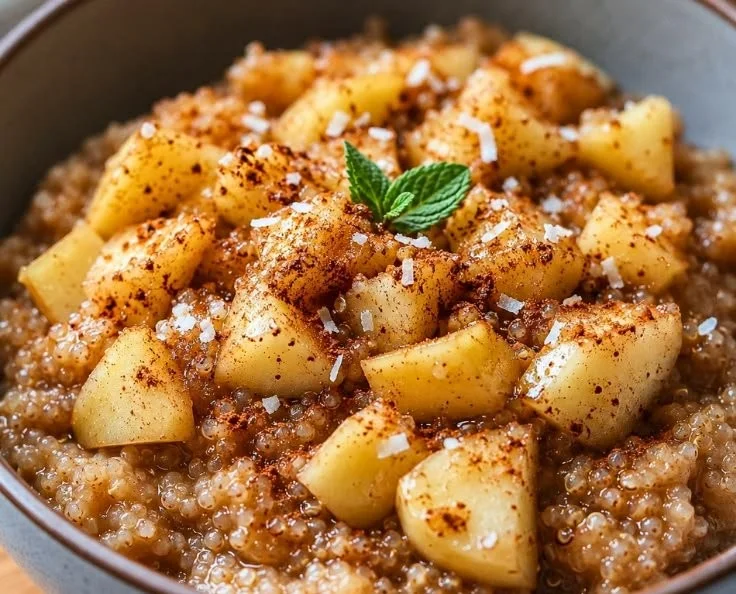Bowl of cinnamon apple quinoa topped with fresh apple slices and cinnamon